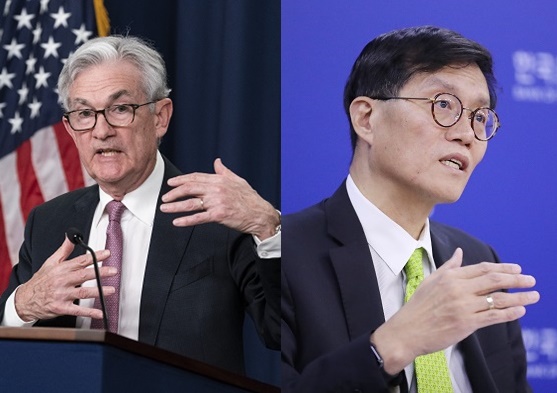 (사진 좌측부터) 제롬 파월 미국 연방준비제도 의장, 이창용 한국은행 총재. 사진=AP/연합뉴스
